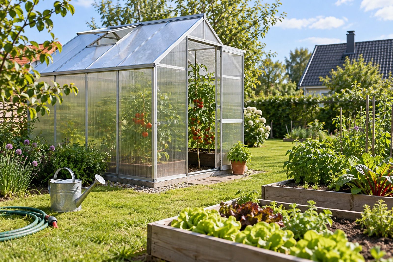 Enkelt litet växthus i kanalplast med tomatplantor bredvid ett grönsaksland