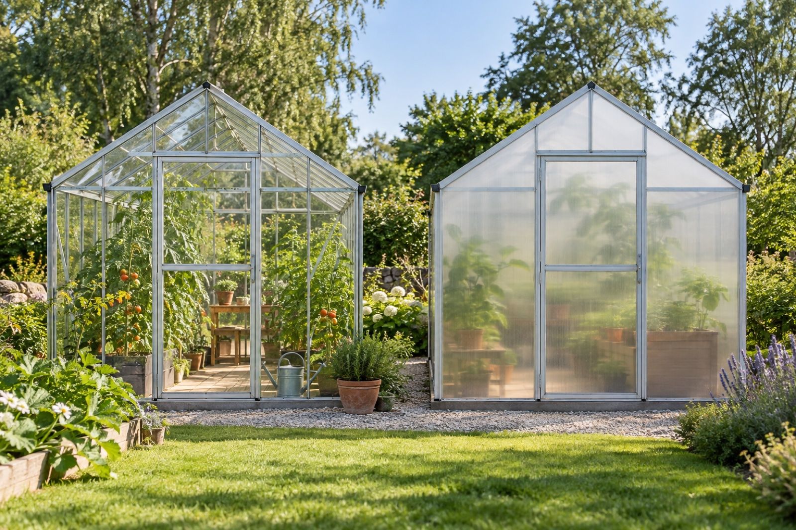 Ett glasväxthus och ett växthus i kanalplast bredvid varandra, där skillnaden i genomsikt syns tydligt