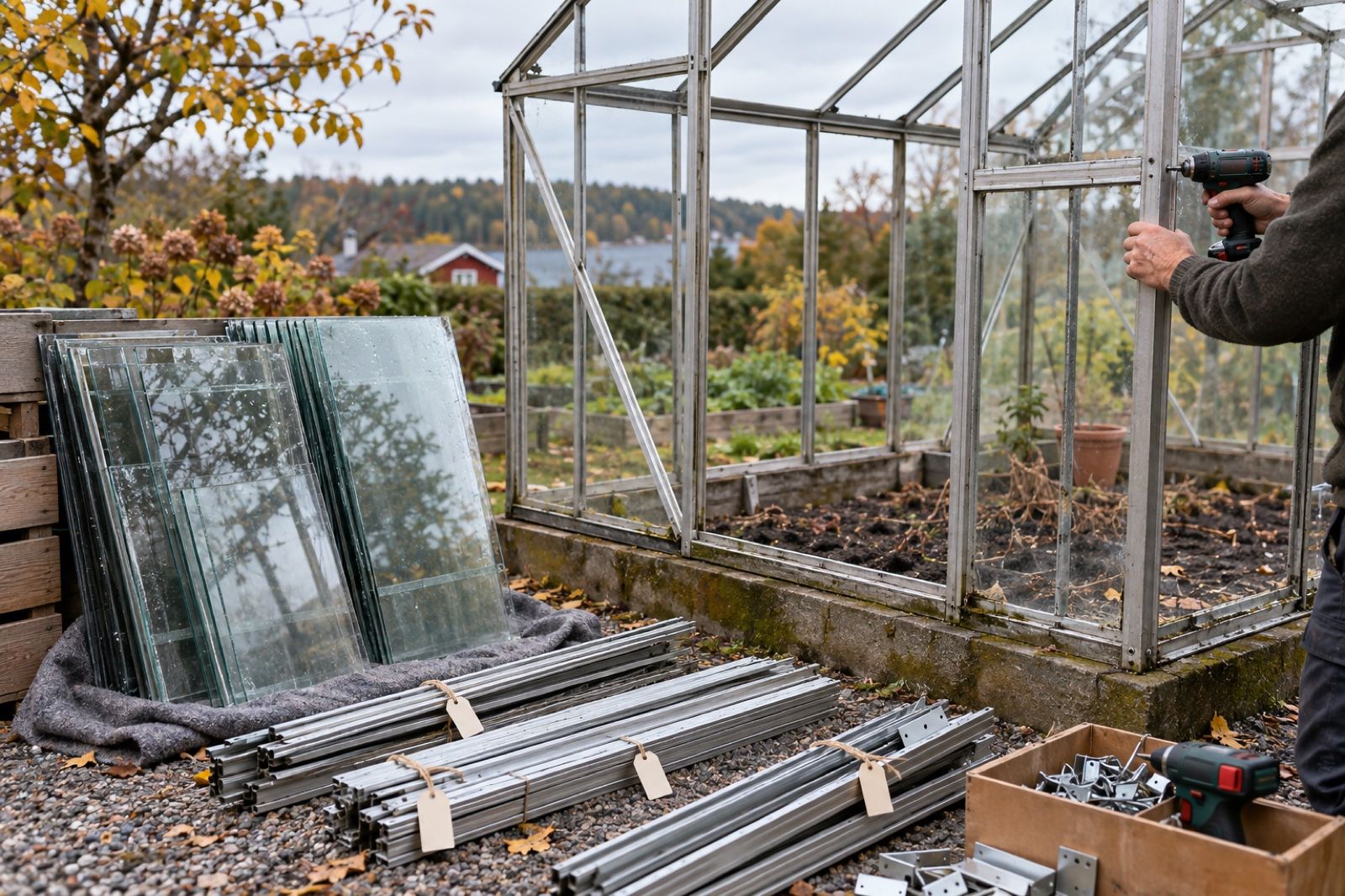 Begagnat växthus i aluminium som håller på att demonteras, med glasrutor staplade på en filt
