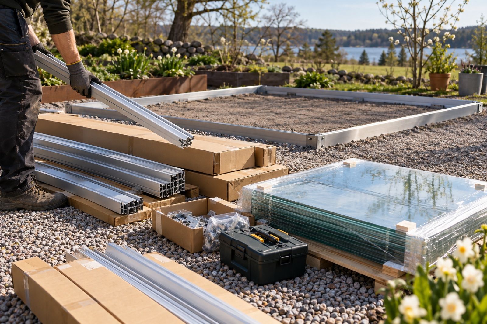 Nylevererade växthusdelar i kartonger och aluminiumprofiler på en trädgårdsgång, redo för montering