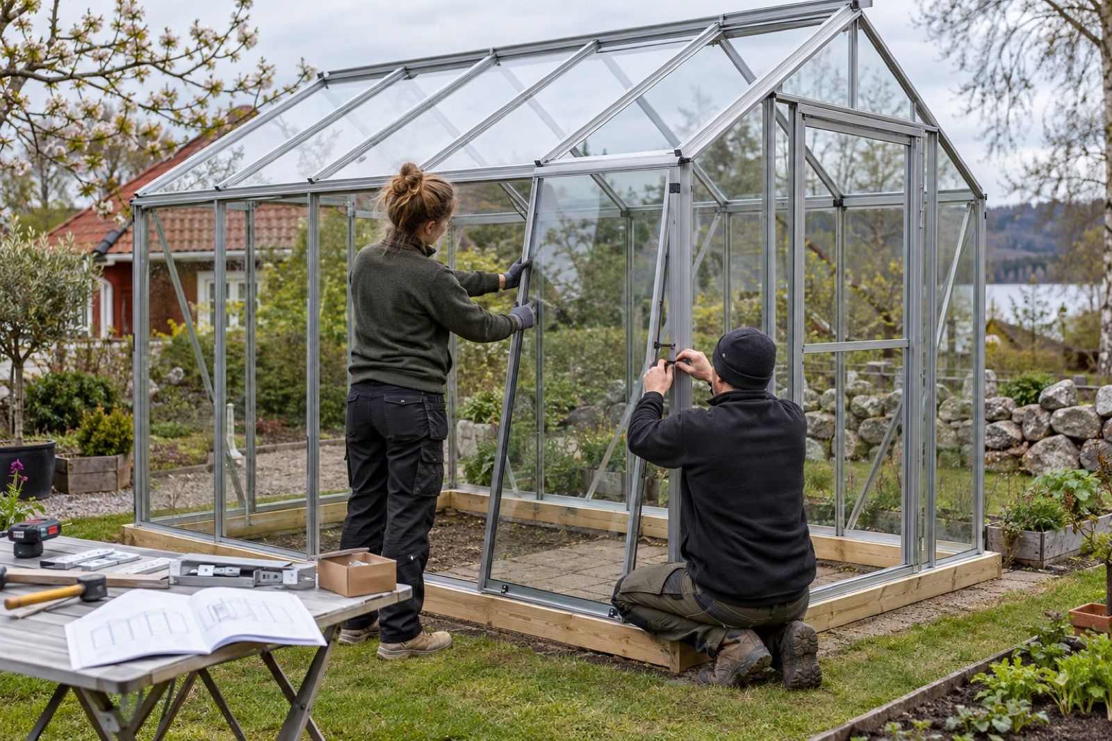 Två personer monterar ett växthus i aluminium och glas på en färdig träram i en trädgård
