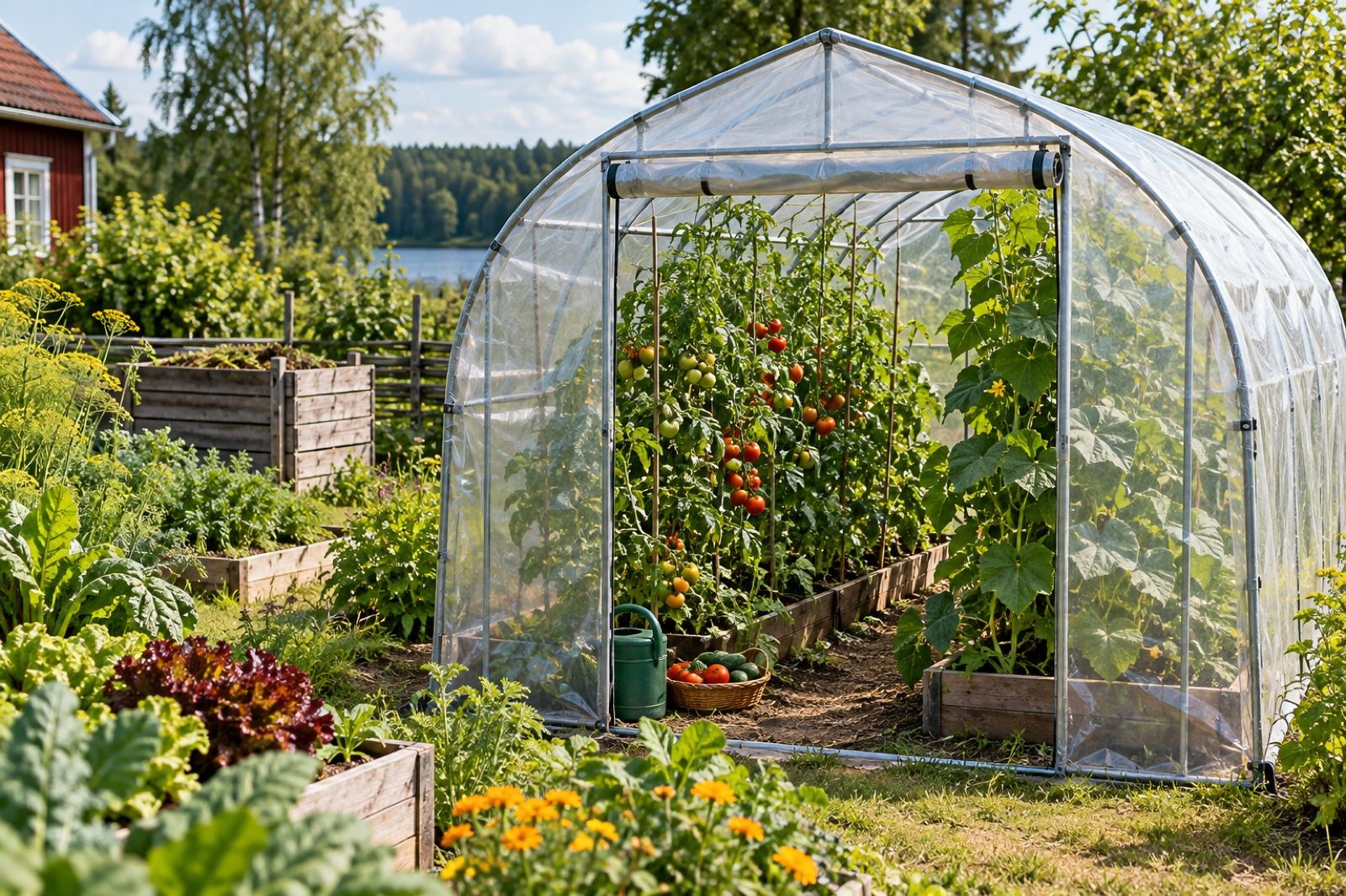 Plastväxthus med plastfolie över en lätt stålram, fyllt med tomatplantor i en svensk köksträdgård