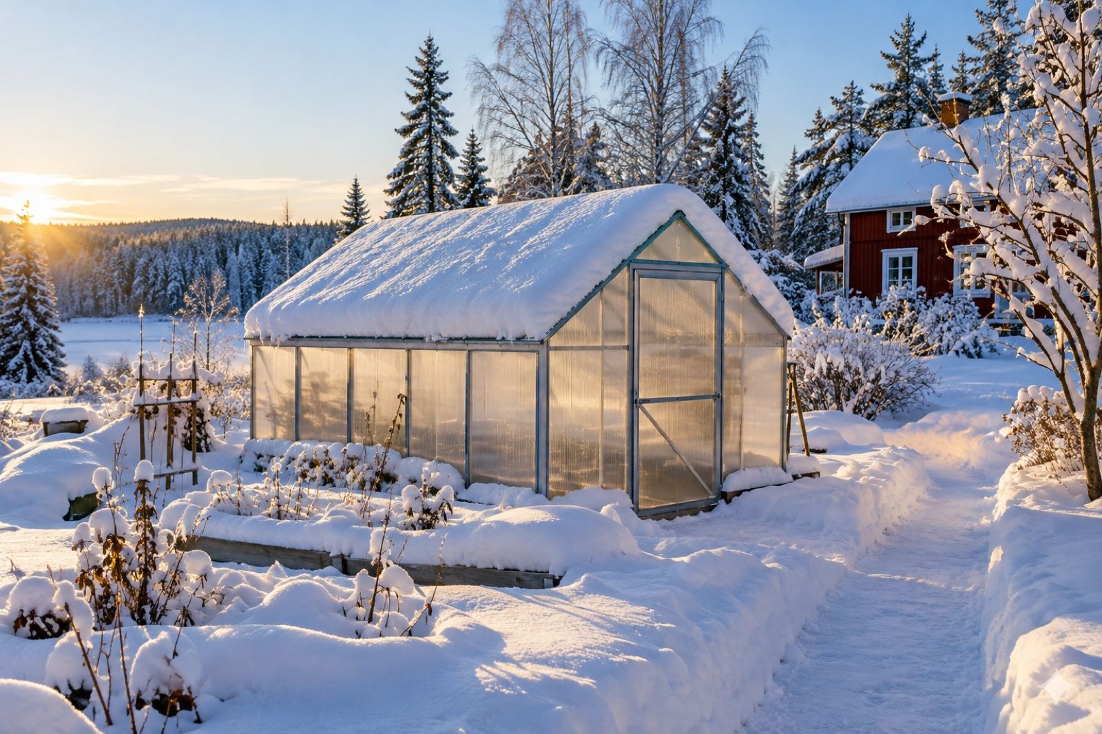 Växthus i kanalplast täckt av tjock snö i en trädgård i Norrland en klar vinterdag