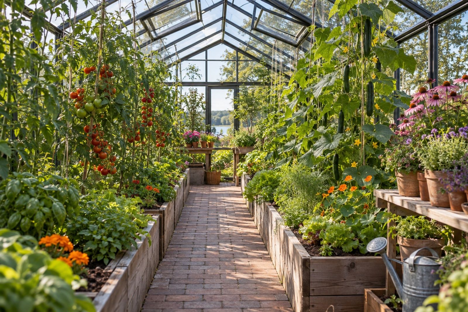 Stort växthus med långa odlingsbäddar och gångar inuti, fyllt med tomater, gurka och blommor