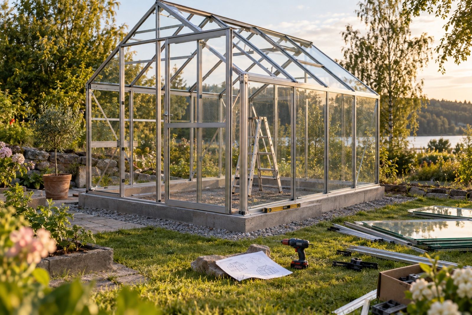Växthus under montering på en färdig grund, med verktyg, ritning och delar på gräset