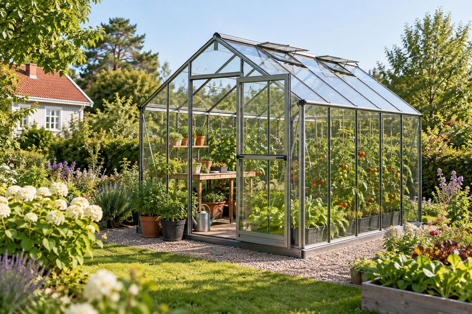 Fristående växthus i aluminium och härdat glas på en grusbädd i en svensk villaträdgård