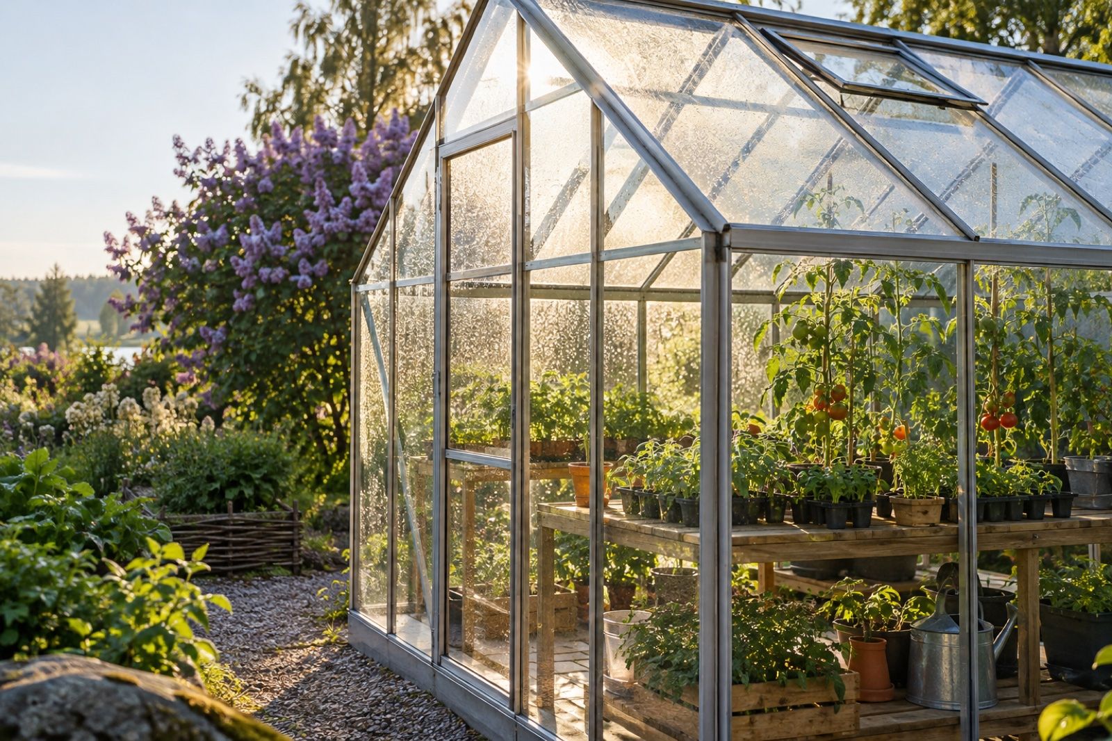 Växthus i härdat glas med aluminiumram där morgonljuset faller in över odlingsbänkar med plantor
