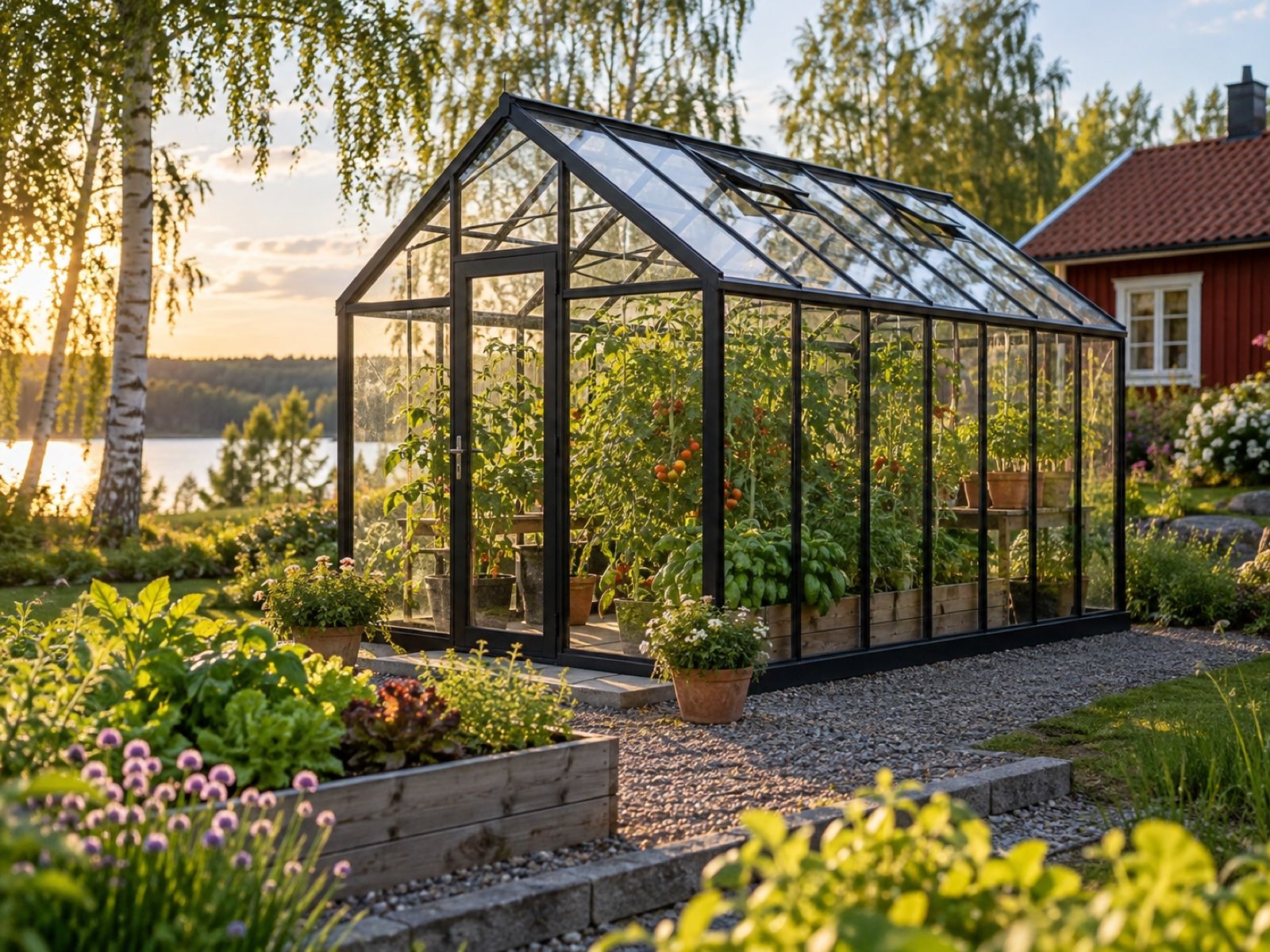 Fristående växthus i glas med svart aluminiumram och tomatplantor i en svensk villaträdgård en sommarkväll