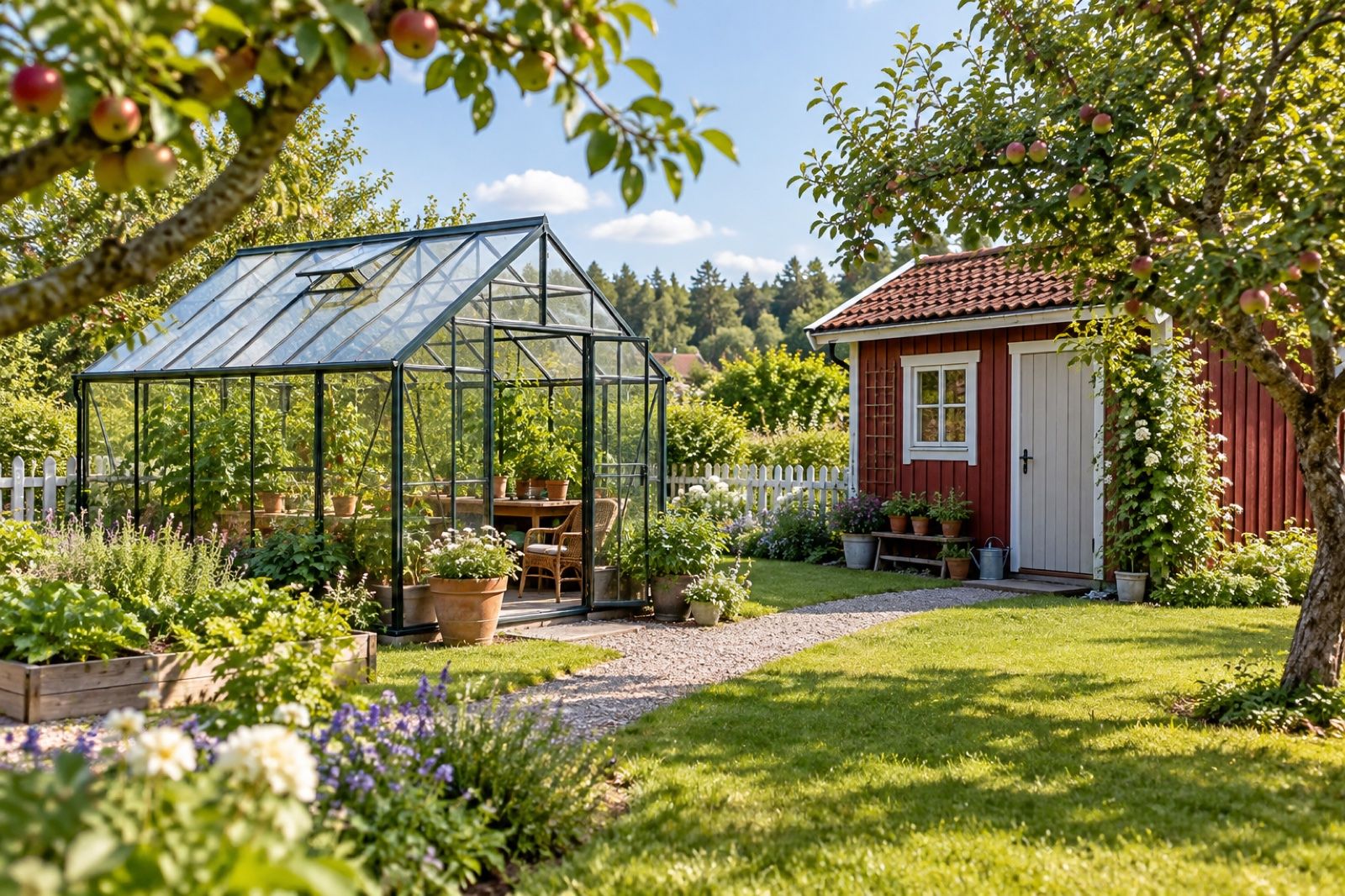 Växthus och en liten trädgårdsbod bredvid varandra på en svensk villatomt