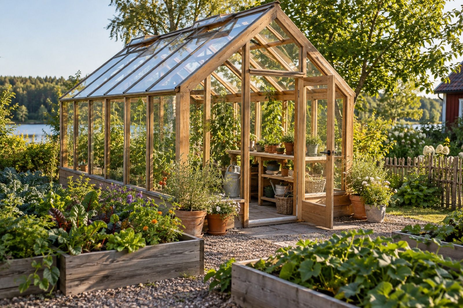 Växthus i trä och glas med kraftiga limträbalkar i en svensk trädgård
