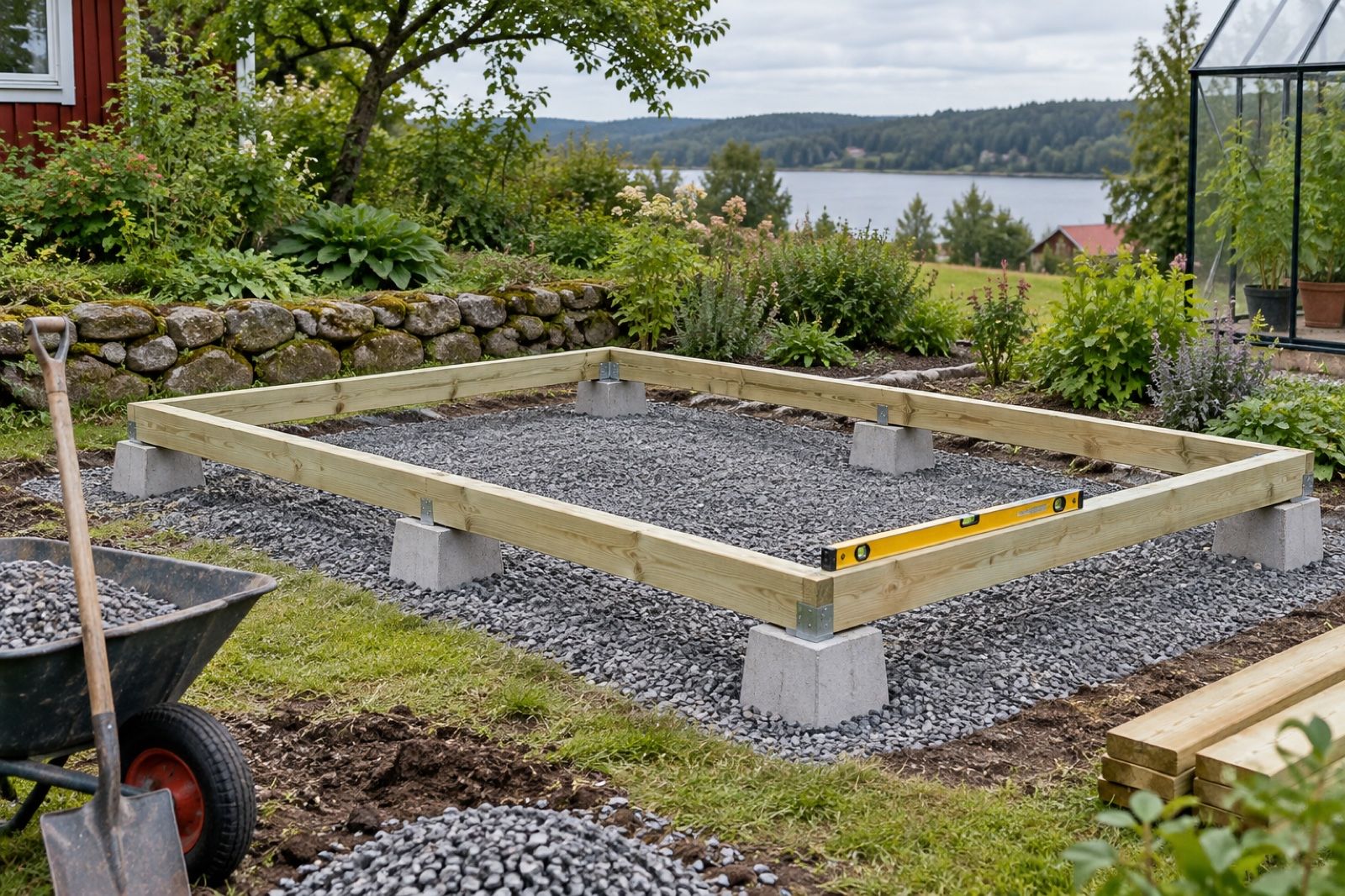 Grund till växthus med betongplintar och en träram i våg, förberedd på en grusbädd