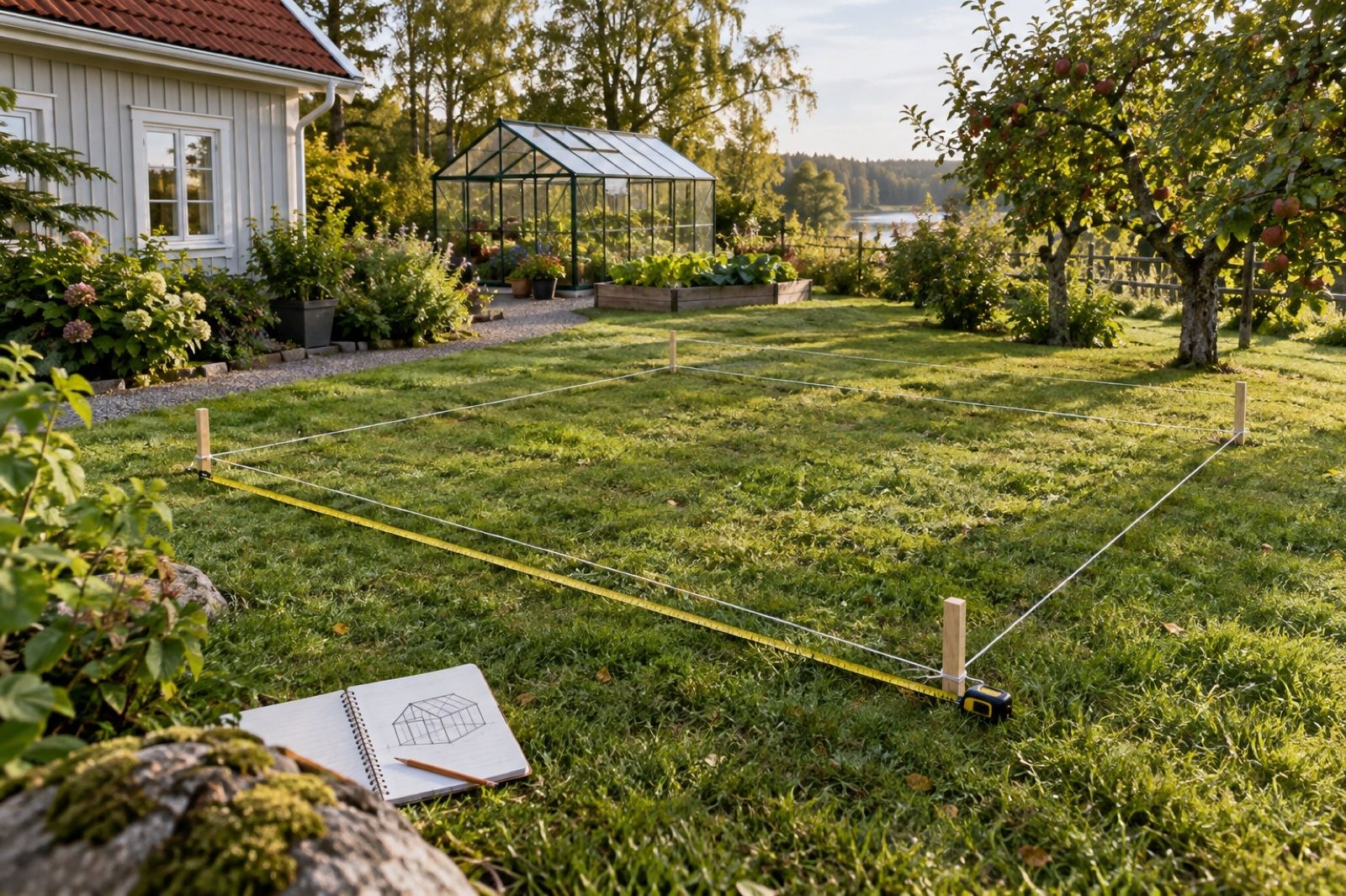 Snören och pinnar markerar platsen för ett växthus på en gräsmatta, med ett måttband bredvid