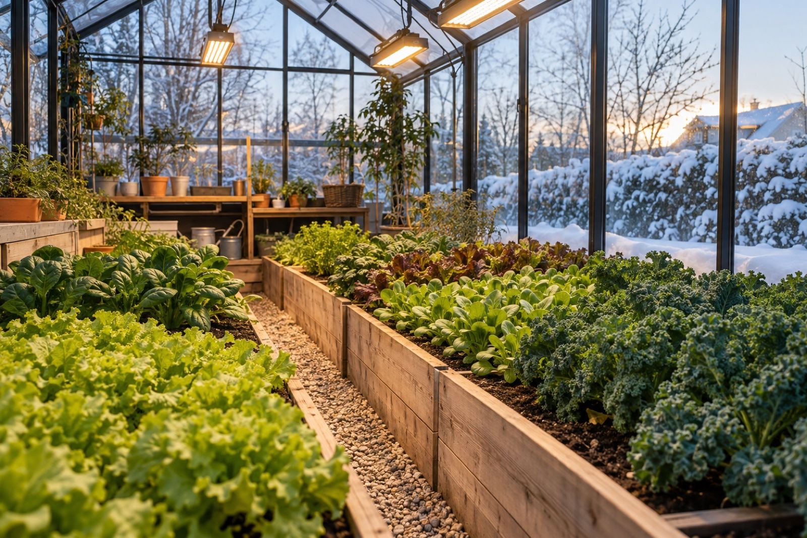 Sallad, spenat och grönkål som växer i ett växthus mitt i vintern med snö utanför